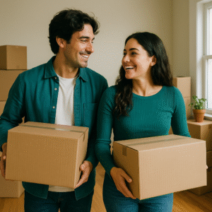 Casal com caixas de mudança