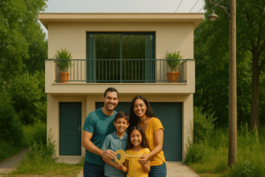 Família feliz em conquistar casa nova